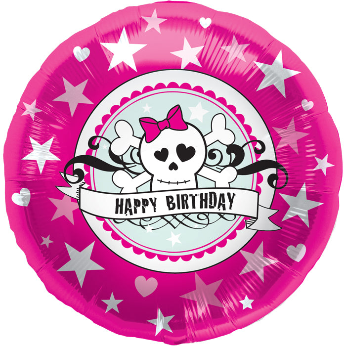 18" Foil Balloon Birthday Skully Pink Packaged