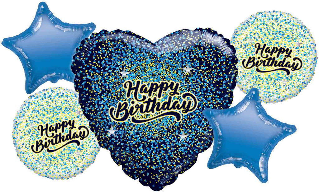 Bouquet 5pc Happy Birthday Black/Gold/Blue Foil Balloon