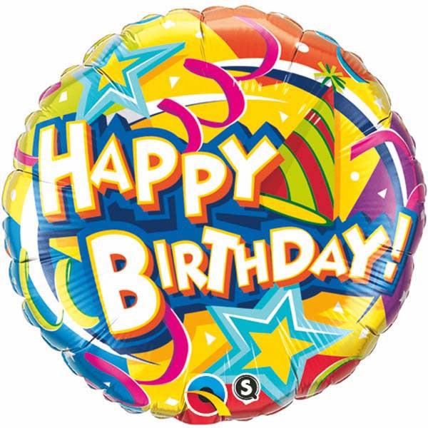 18" Birthday Hat & Stars Mylar Balloon