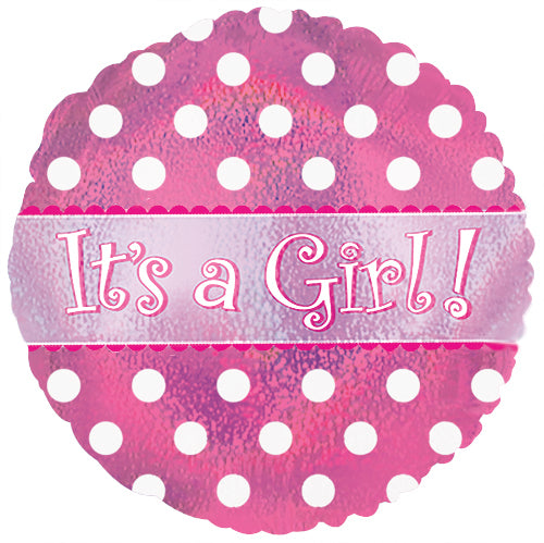 18" It's a Girl Holographic Dots Mylar Balloon