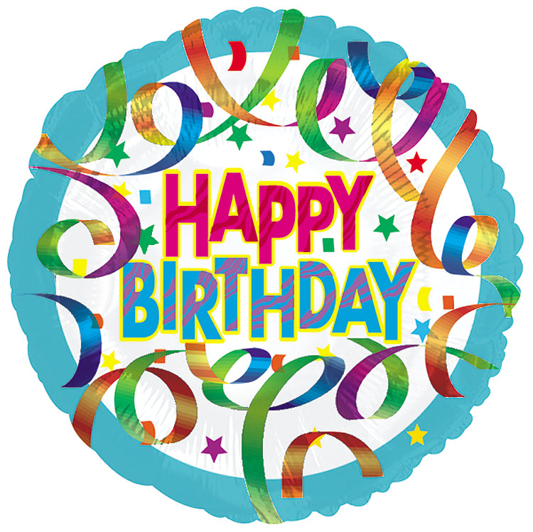 18" Happy Birthday Blue Swirled Ribbon Foil Balloon