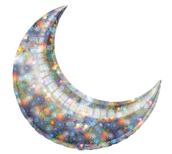 26" Holographic Silver Fireworks Crescent Moon Balloon