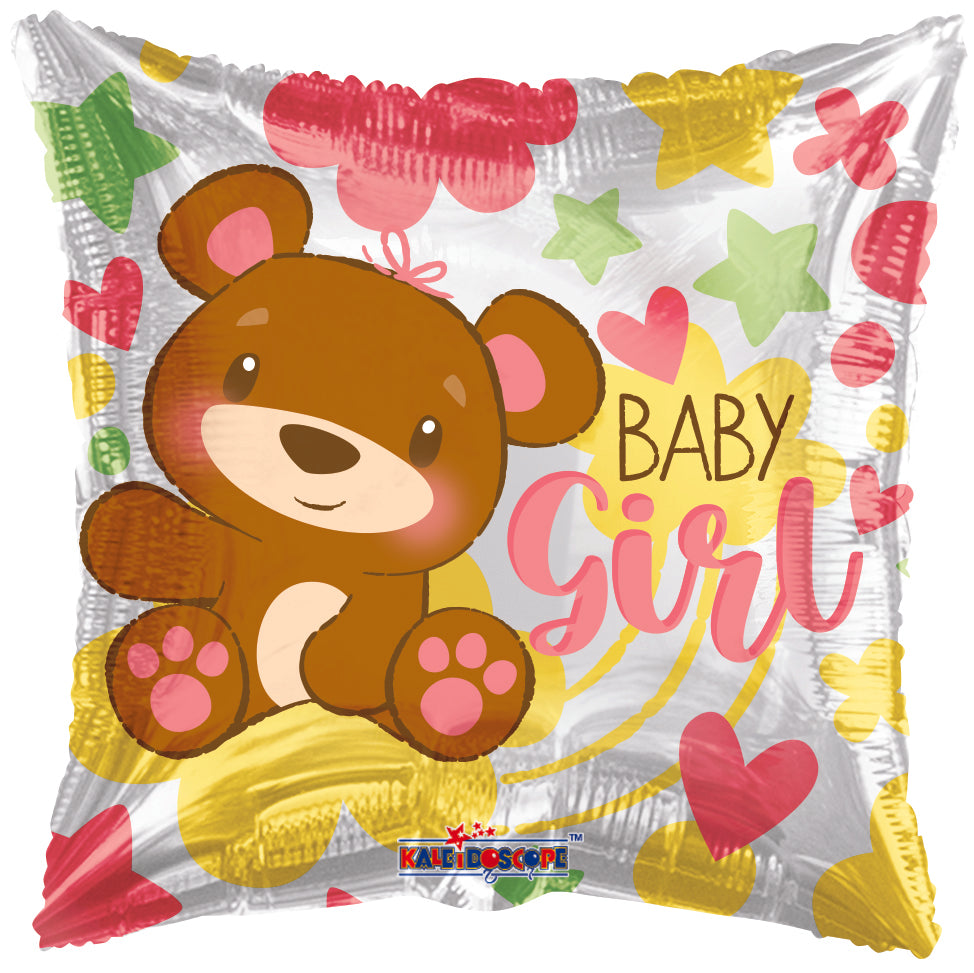 18" Baby Girl Bear And Hearts Foil Balloons