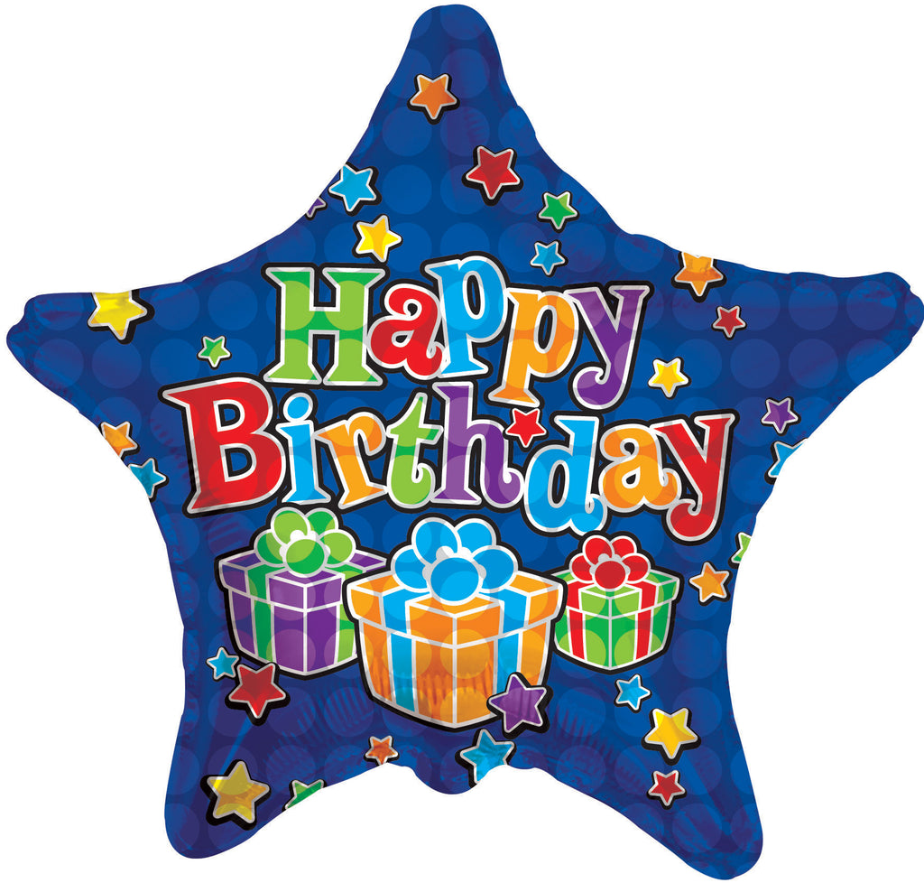 18" Happy Birthday Presents Royal Blue Star Balloon