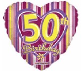 18" 50th Birthday Striped Heart Balloon