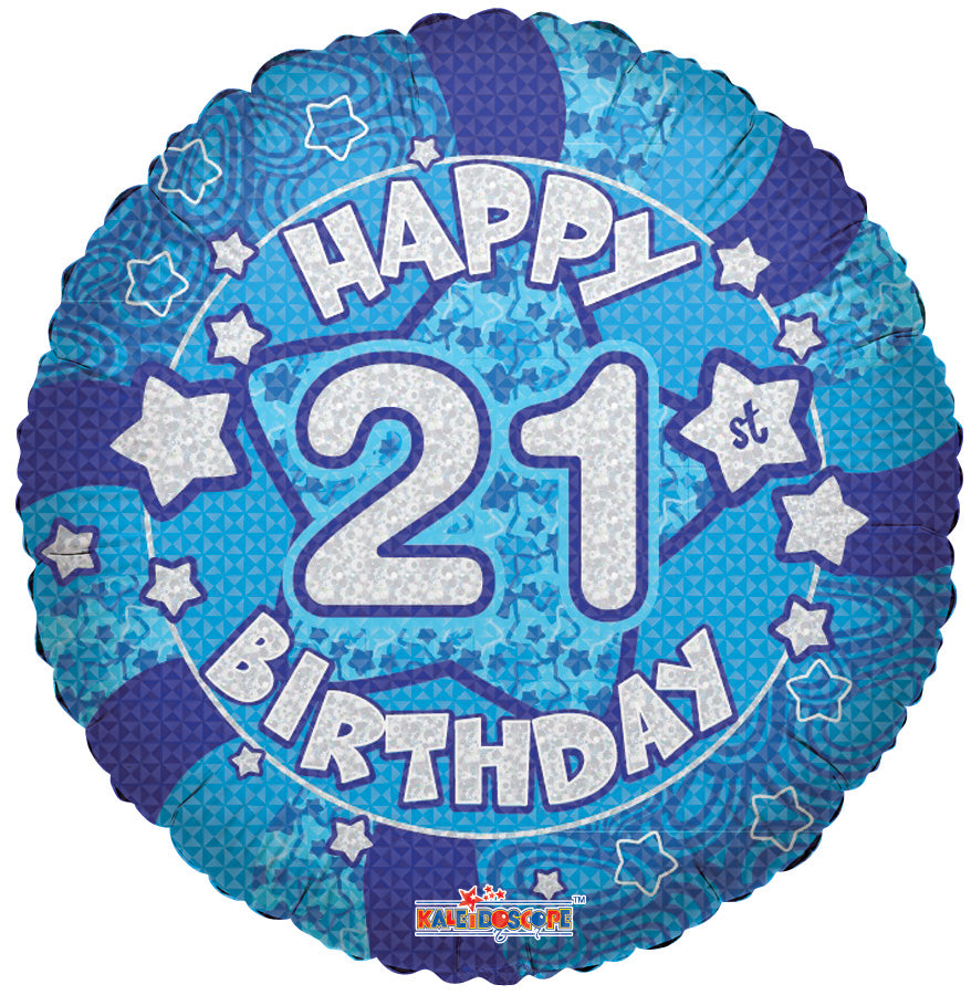 18" Holographic Blue Happy 21st Birthday Balloon