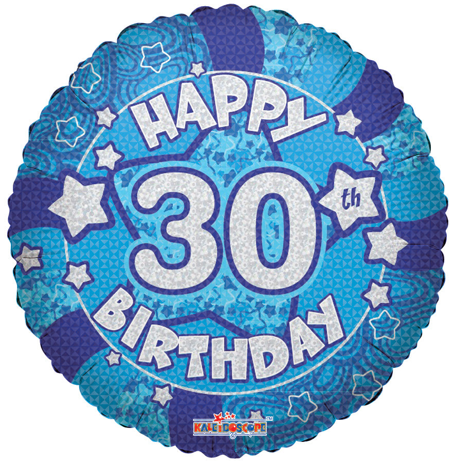 18" Holographic Blue Happy 30th Birthday Balloon