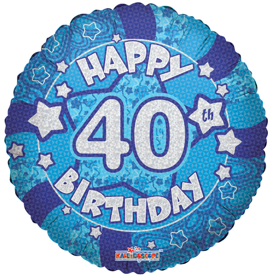 18" Holographic Blue Happy 40th Birthday Balloon