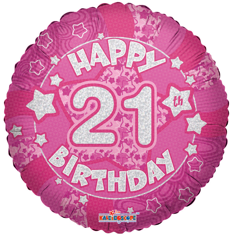 18" Holographic Pink Happy 21st Birthday Balloon