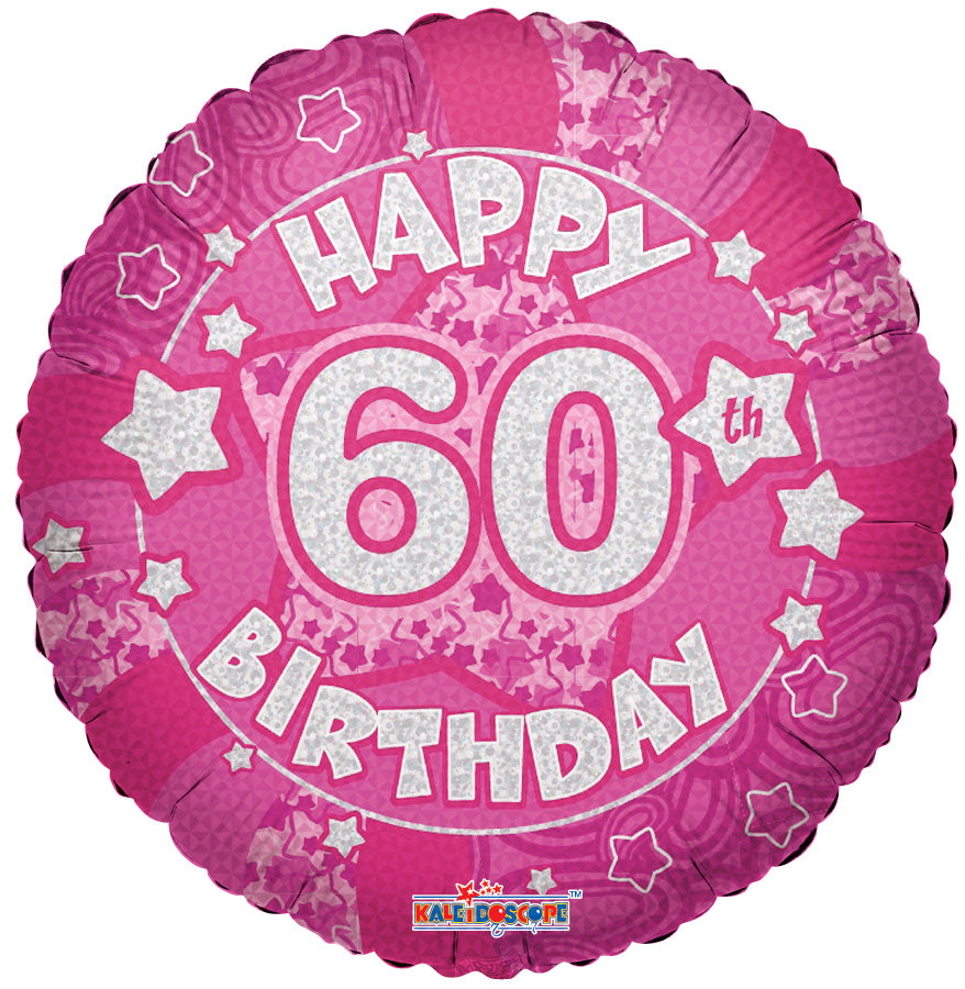 18" Holographic Pink Happy 60th Birthday Balloon