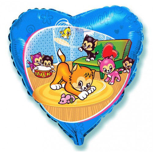 18" Blue Heart Funny Little Cats Balloon