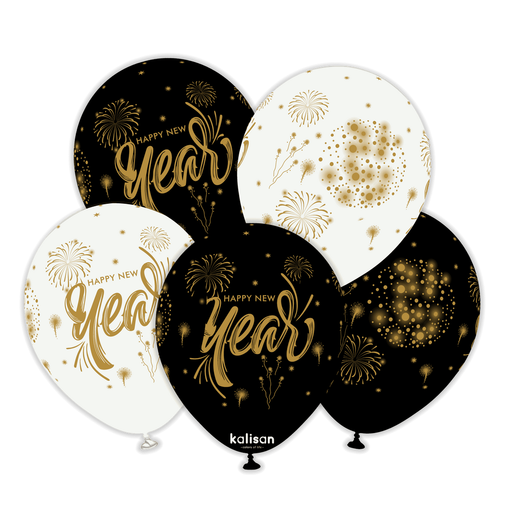 12" Happy New Year Fireworks Kalisan Printed Latex Balloons (25 Per Bag)