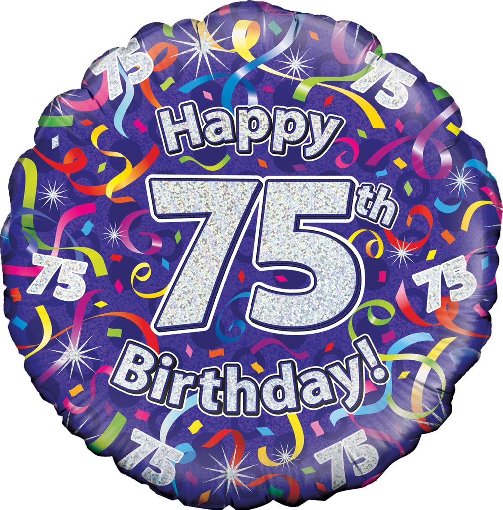 18" 75th Birthday Streamers Holographic Oaktree Foil Balloon