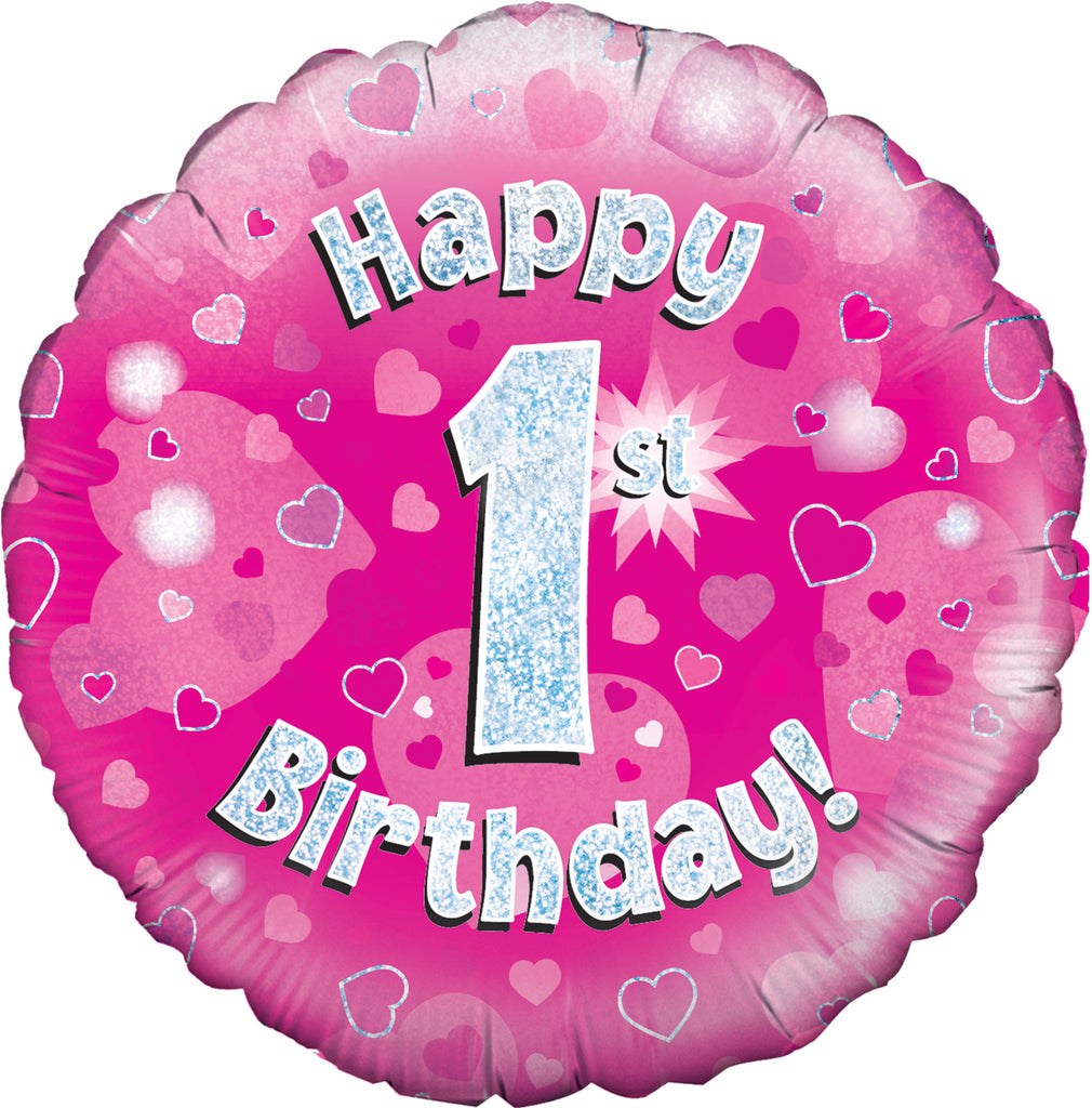 18" Happy 1st Birthday Pink Holographic Oaktree Foil Balloon