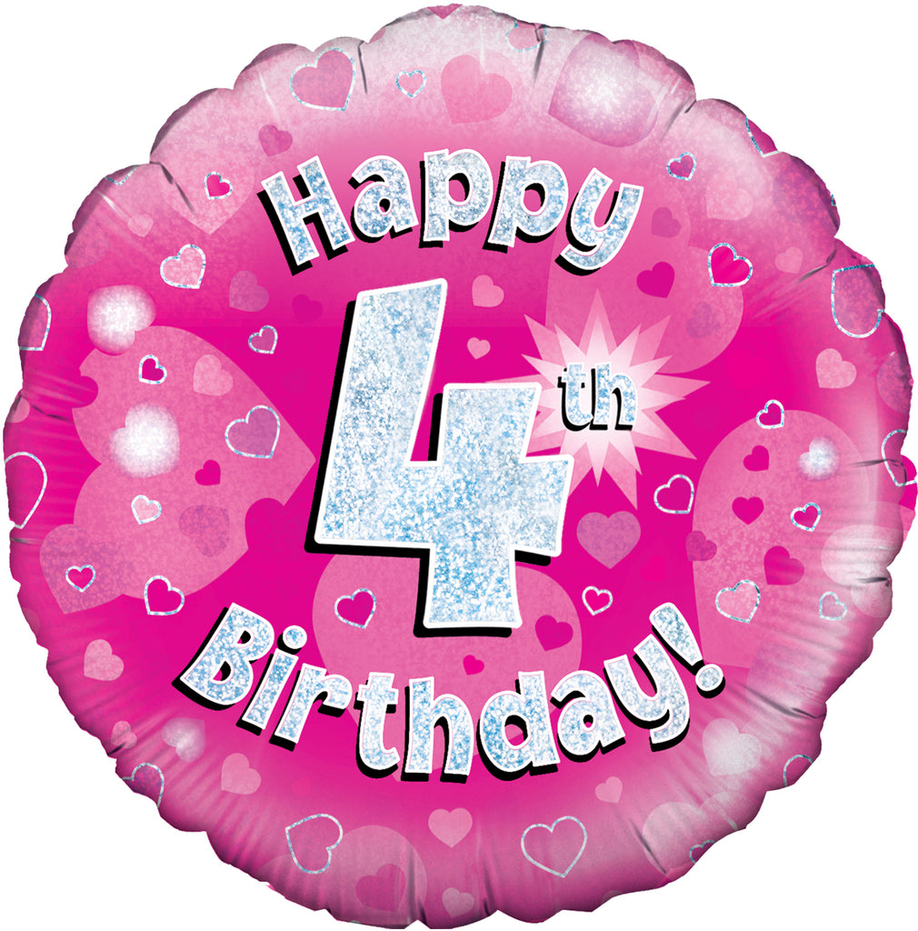18" Happy 4th Birthday Pink Holographic Oaktree Foil Balloon