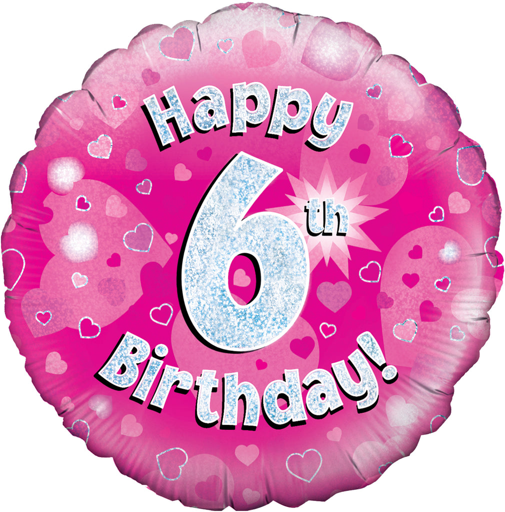 18" Happy 6th Birthday Pink Holographic Oaktree Foil Balloon