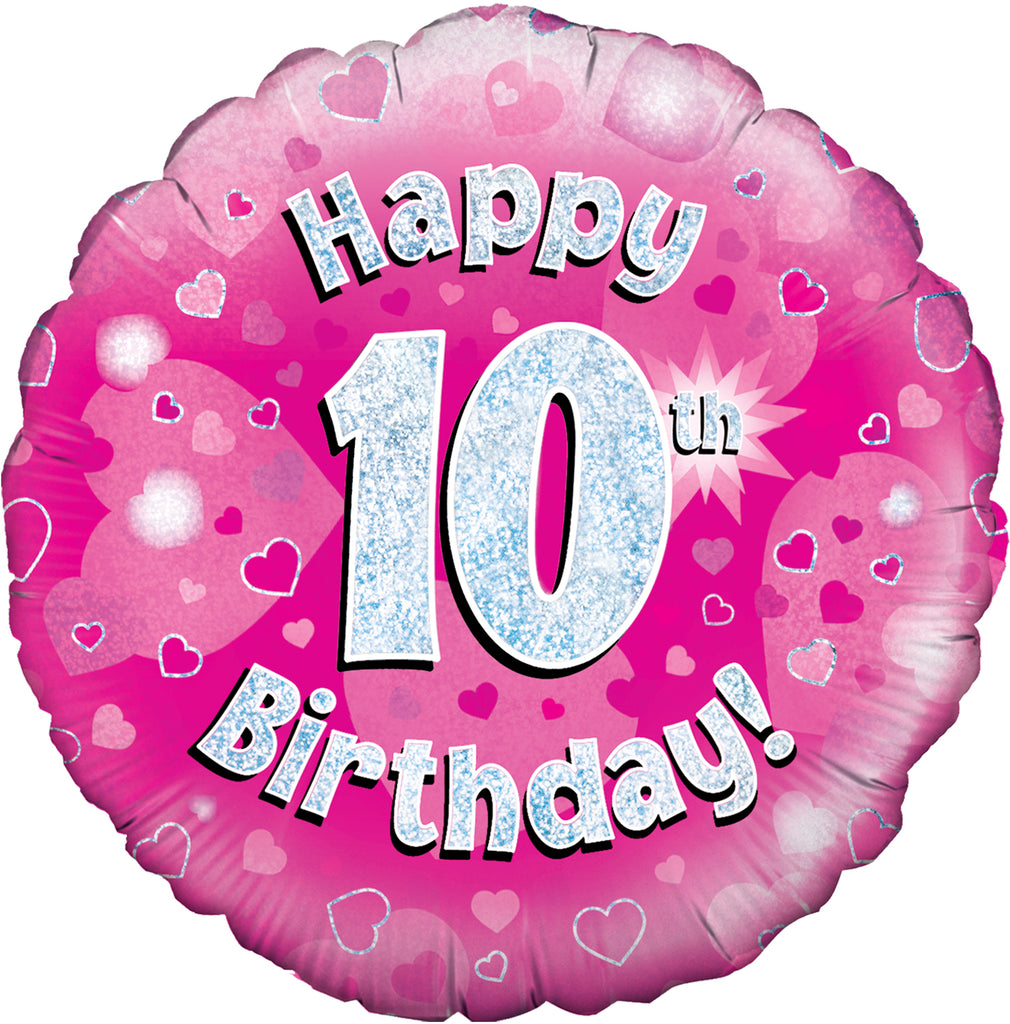 18" Happy 10th Birthday Pink Holographic Oaktree Foil Balloon