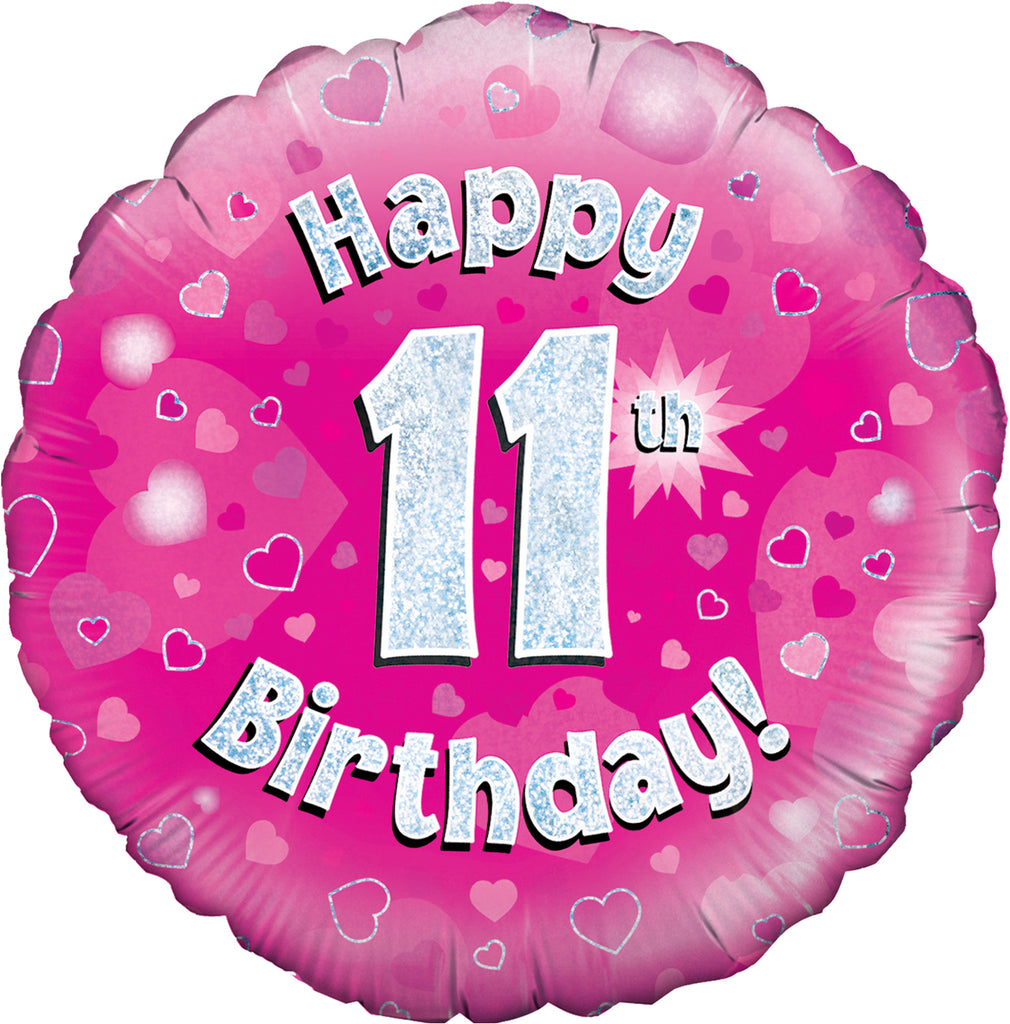 18" Happy 11th Birthday Pink Holographic Oaktree Foil Balloon