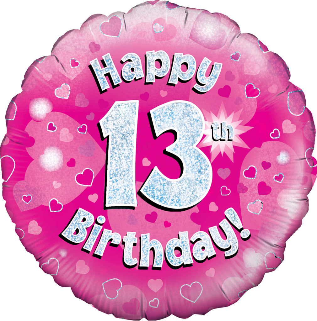 18" Happy 13th Birthday Pink Holographic Oaktree Foil Balloon