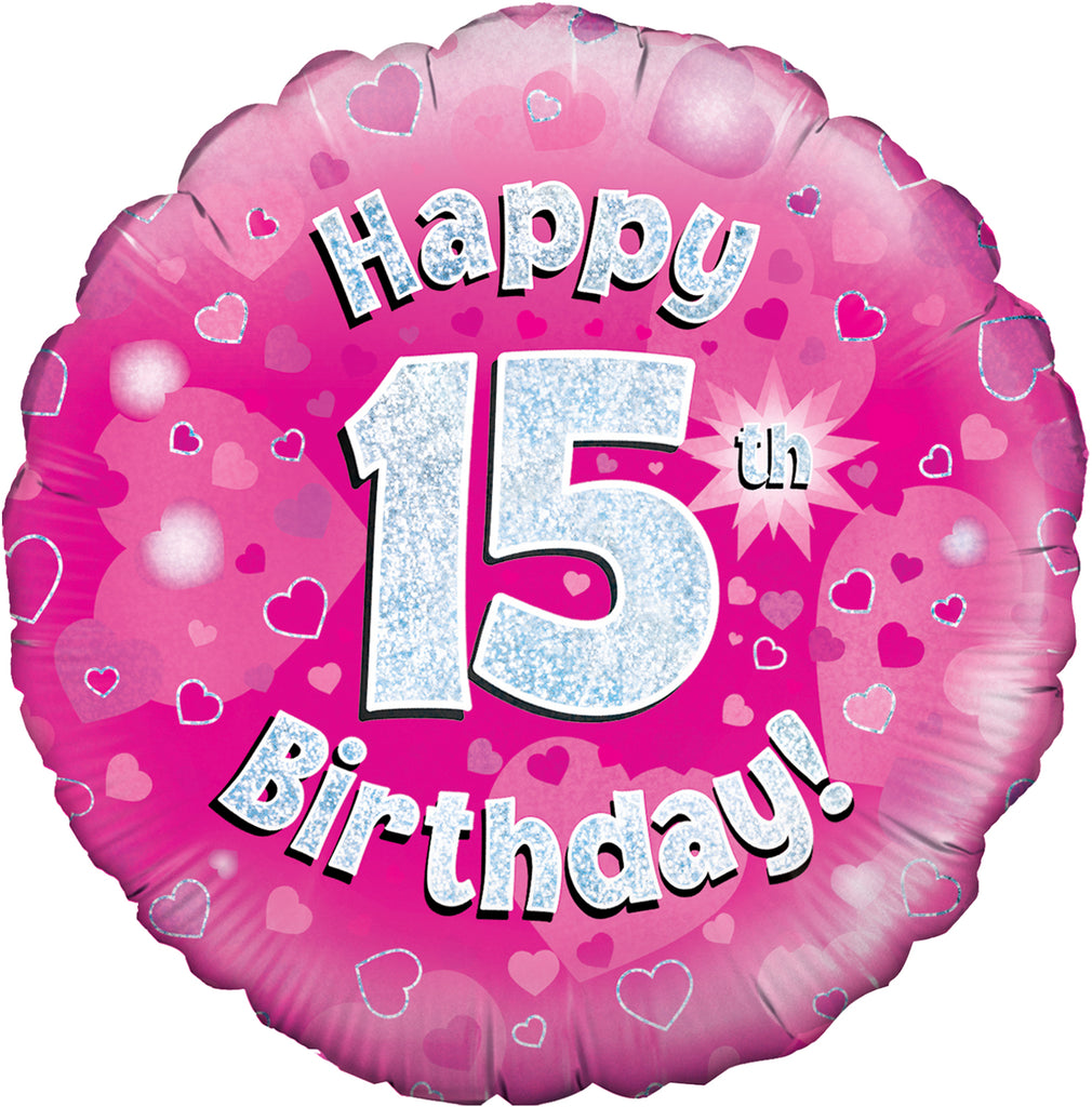 18" Happy 15th Birthday Pink Holographic Oaktree Foil Balloon