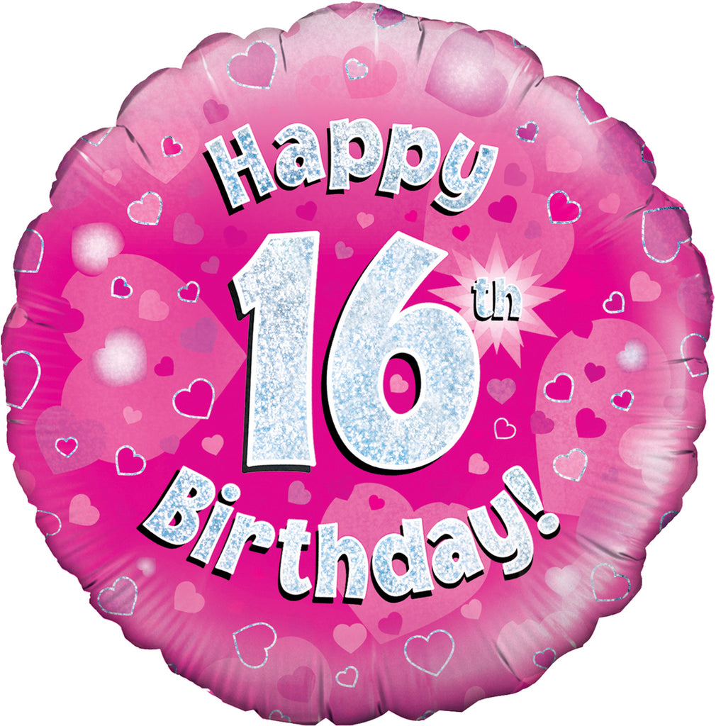 18" Happy 16th Birthday Pink Holographic Oaktree Foil Balloon