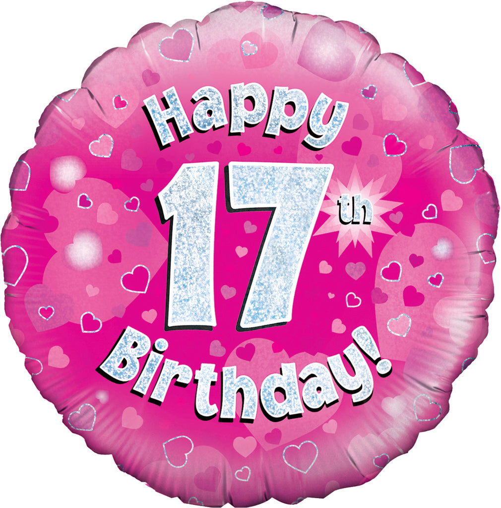 18" Happy 17th Birthday Pink Holographic Oaktree Foil Balloon