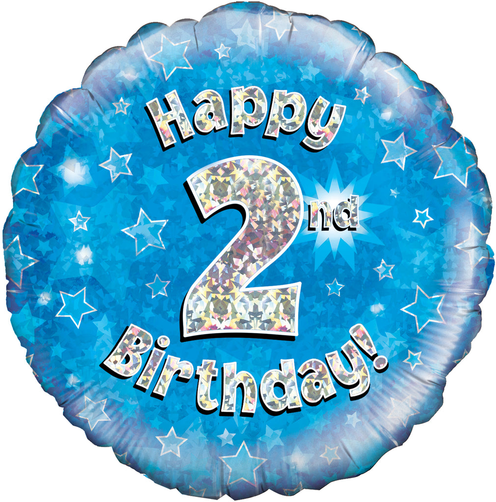 18" Happy 2nd Birthday Blue Holographic Oaktree Foil Balloon