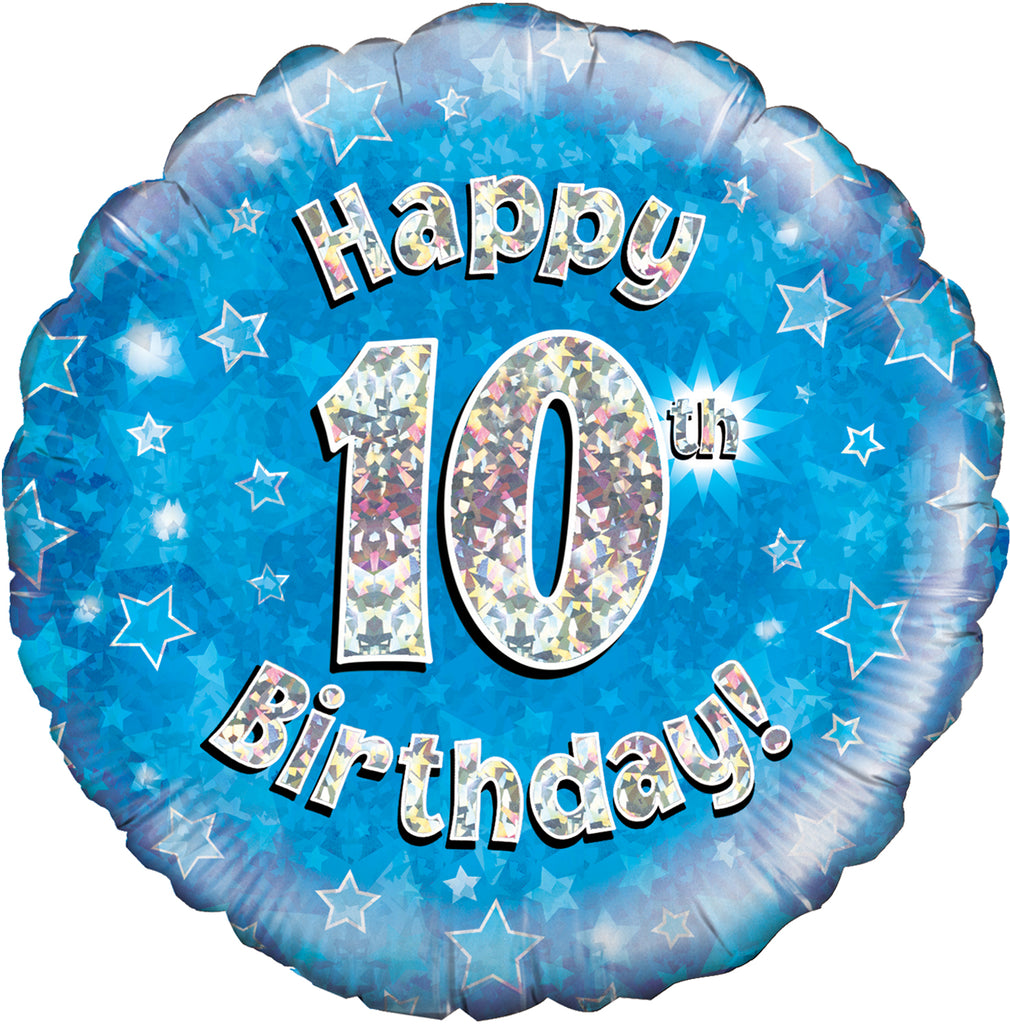 18" Happy 10th Birthday Blue Holographic Oaktree Foil Balloon