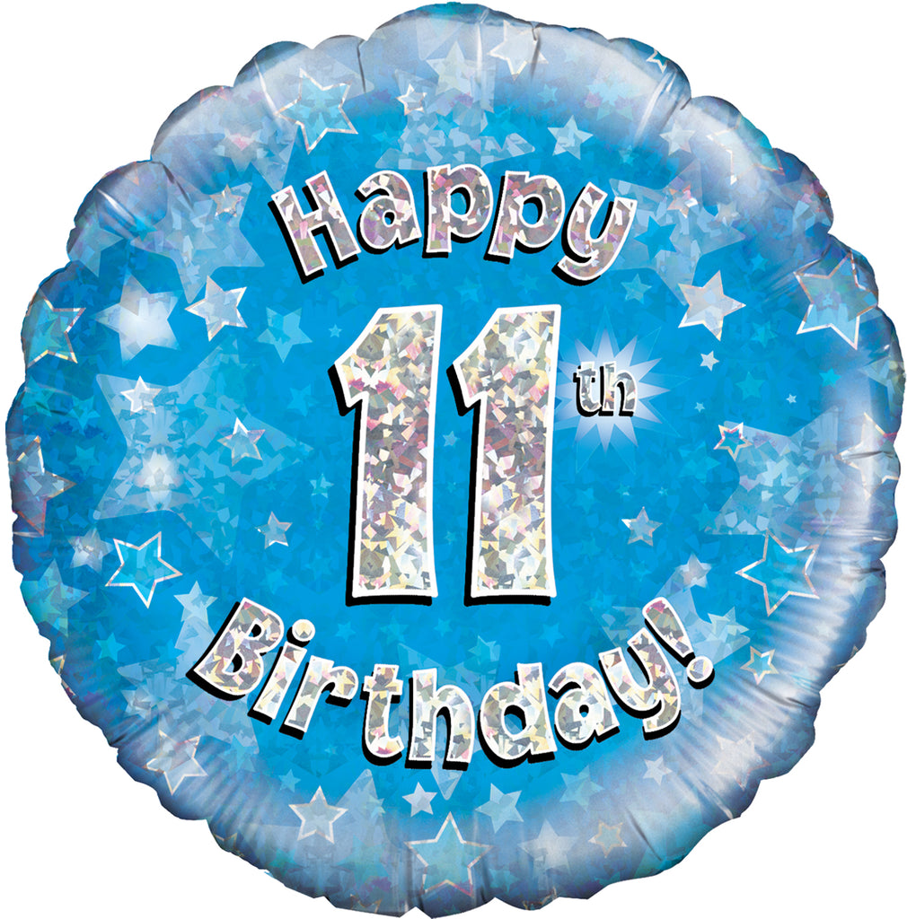 18" Happy 11th Birthday Blue Holographic Oaktree Foil Balloon