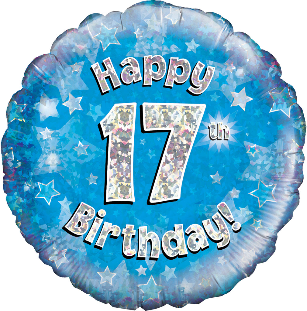 18" Happy 17th Birthday Blue Holographic Oaktree Foil Balloon