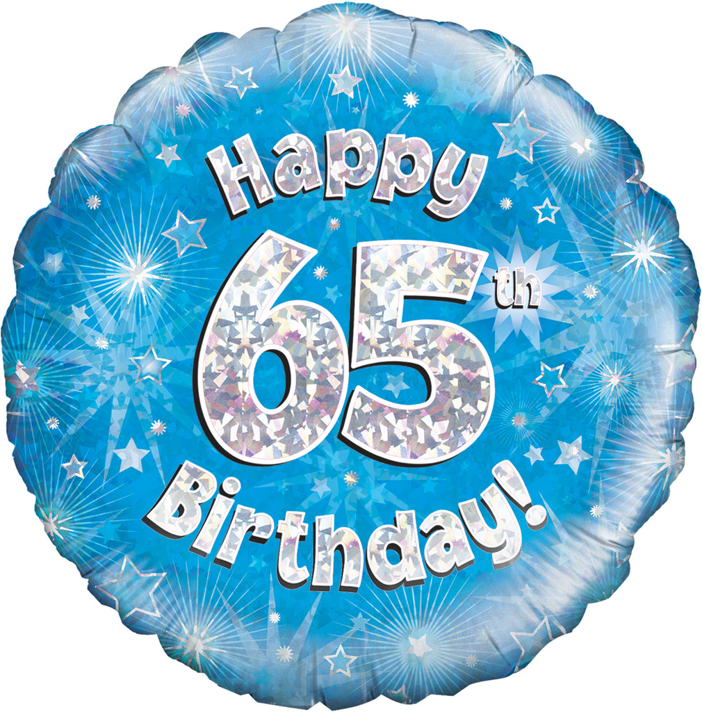 18" Happy 65th Birthday Blue Holographic Oaktree Foil Balloon