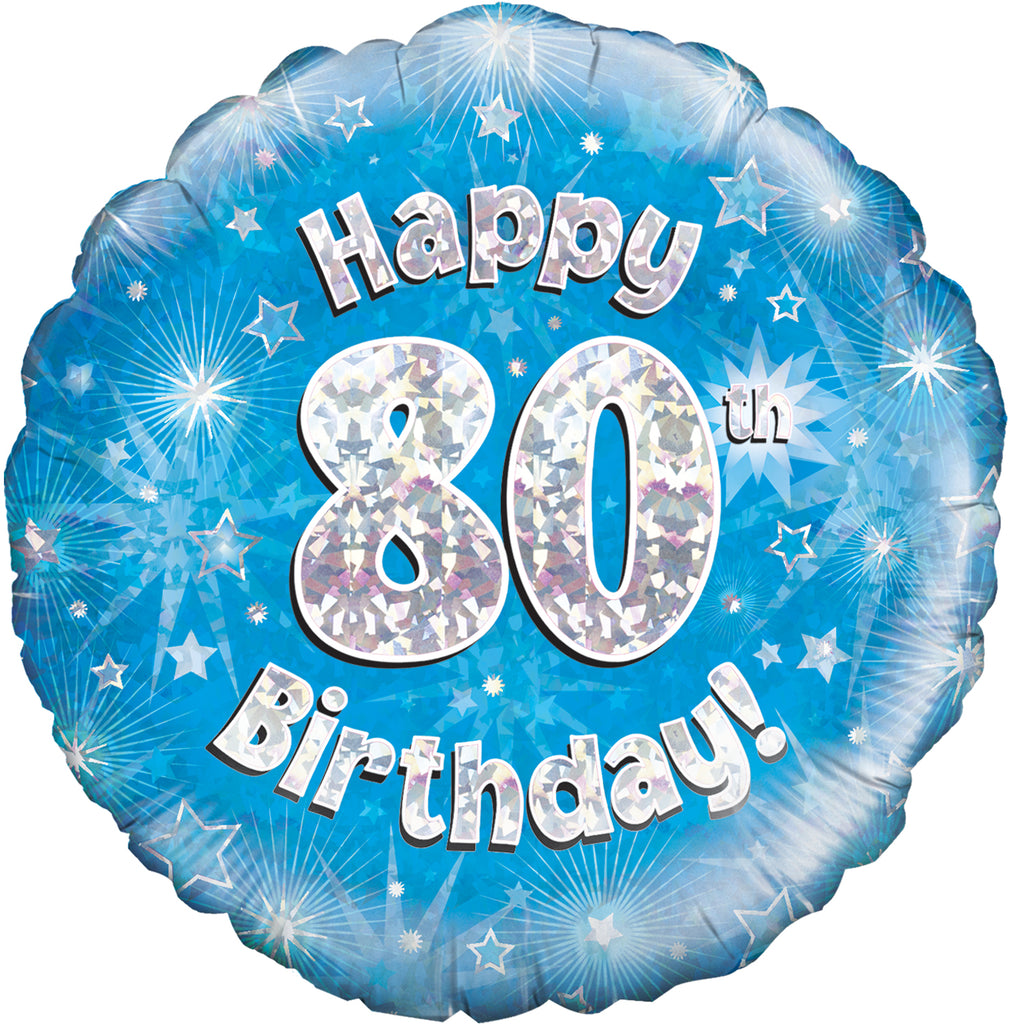 18" Happy 80th Birthday Blue Holographic Oaktree Foil Balloon