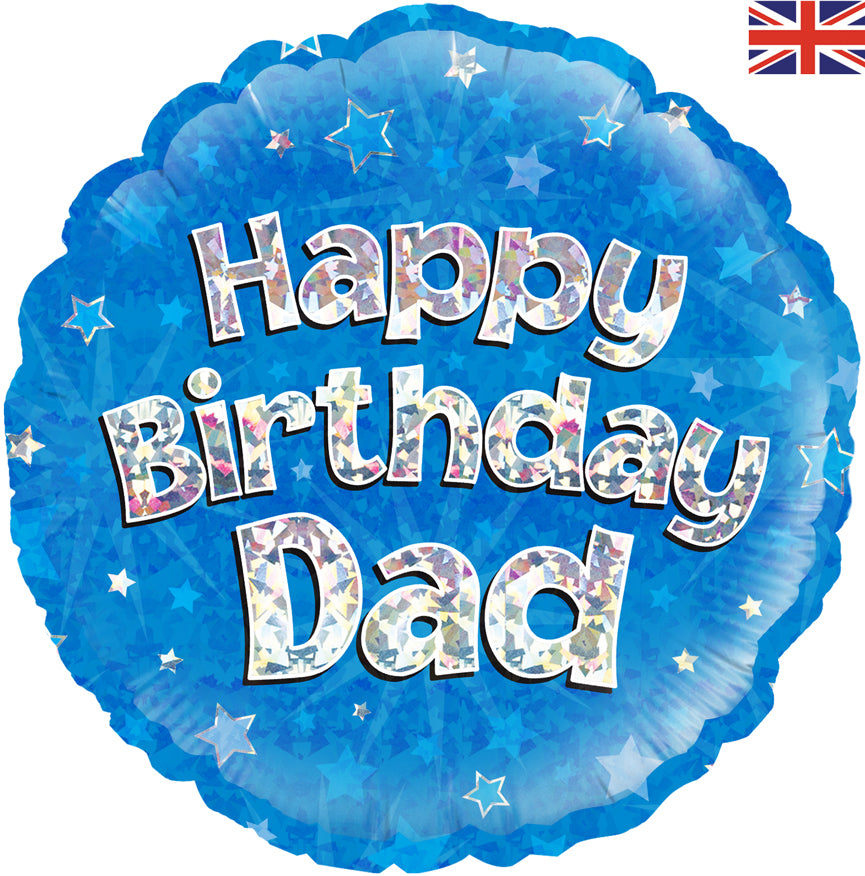 18" Happy Birthday Dad Blue Holographic Oaktree Foil Balloon