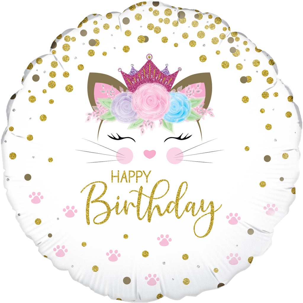 18" Floral Kitten Birthday Holographic Oaktree Foil Balloon