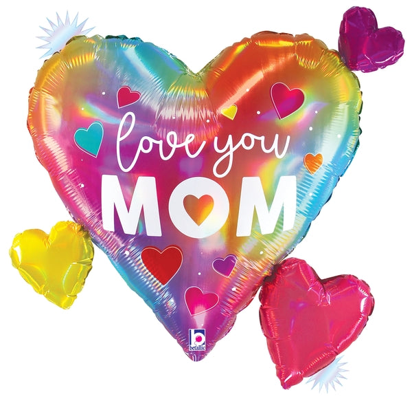 28" Holographic Opal Colorful Mom Hearts Foil Balloon