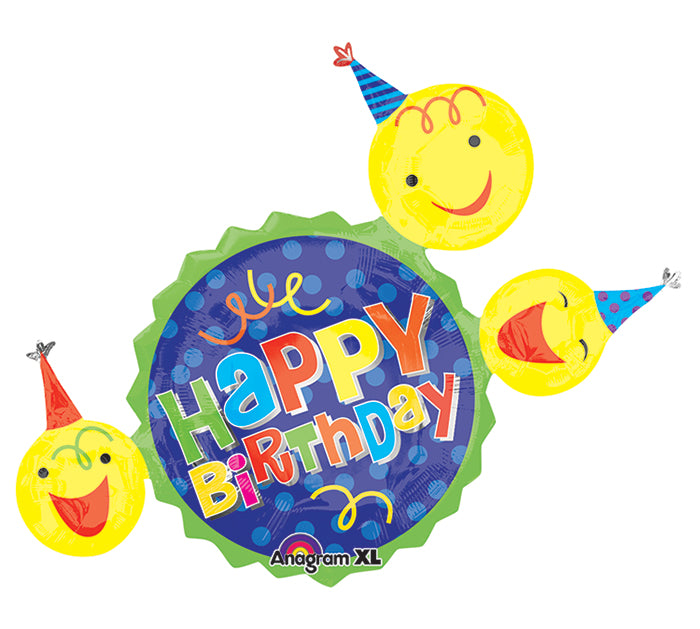 36" SuperShape Happy Birthday Smiley Faces Balloon