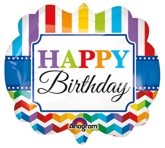 25" Happy Birthday Bright Stripe & Chevron Balloon