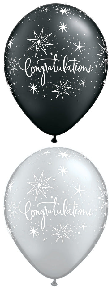 11" Congratulations Pearl Onyx Black & Silver (50 Per Bag) Latex Balloons