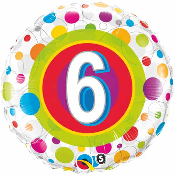 18" Age 6 Colourful Dots Packaged Mylar Balloon