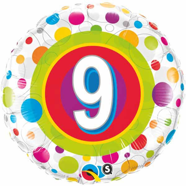 18" Age 9 Colourful Dots Packaged Mylar Balloon