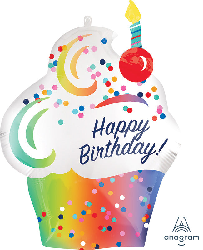 27" Happy Birthday Satin Cupcake SuperShape Foil Balloon