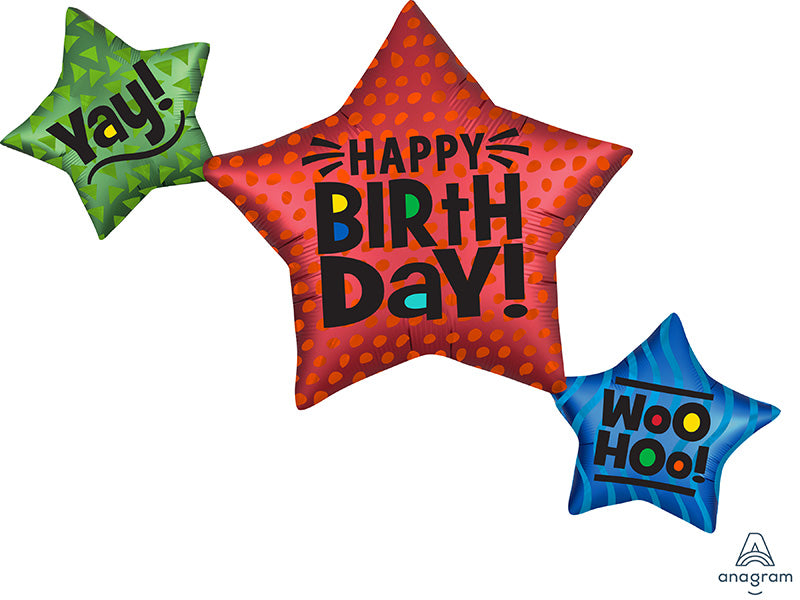 29" Satin Star Trio Birthday SuperShape Foil Balloon