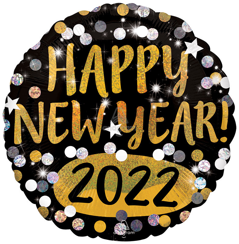18" Happy New Years 2022 Gold & Silver Sparkles Foil Balloon