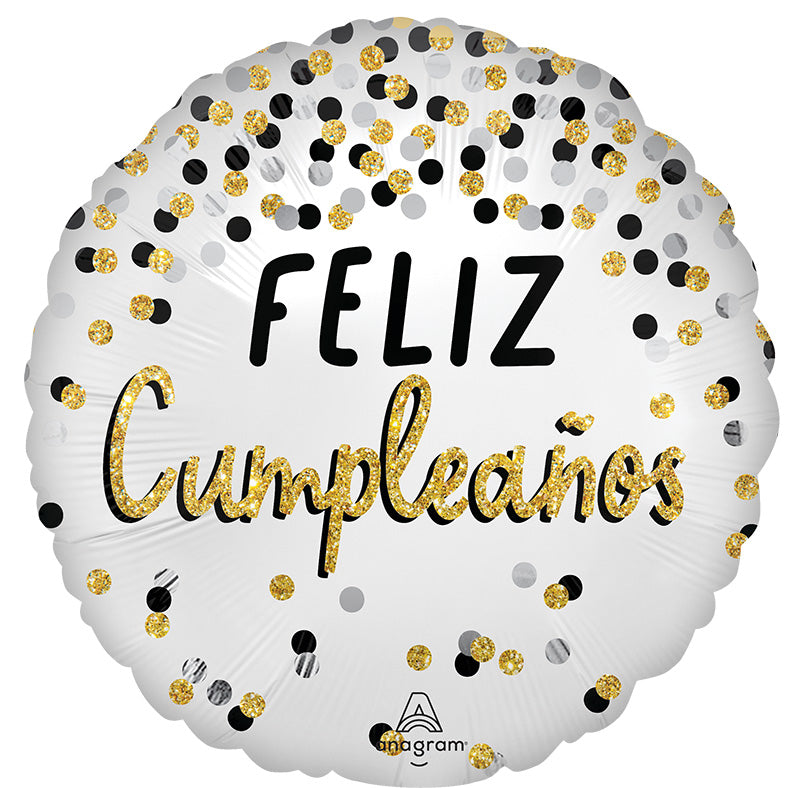 18" Black Silver Gold Feliz Cumpleanos (Spanish) Foil Balloon