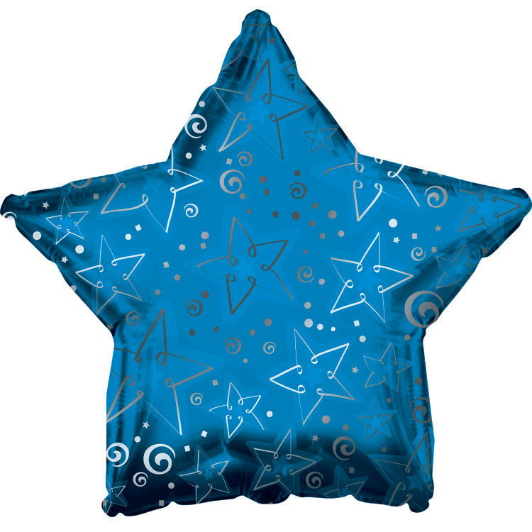 9" Airfill Only Blue Patterned Star Foil Balloon
