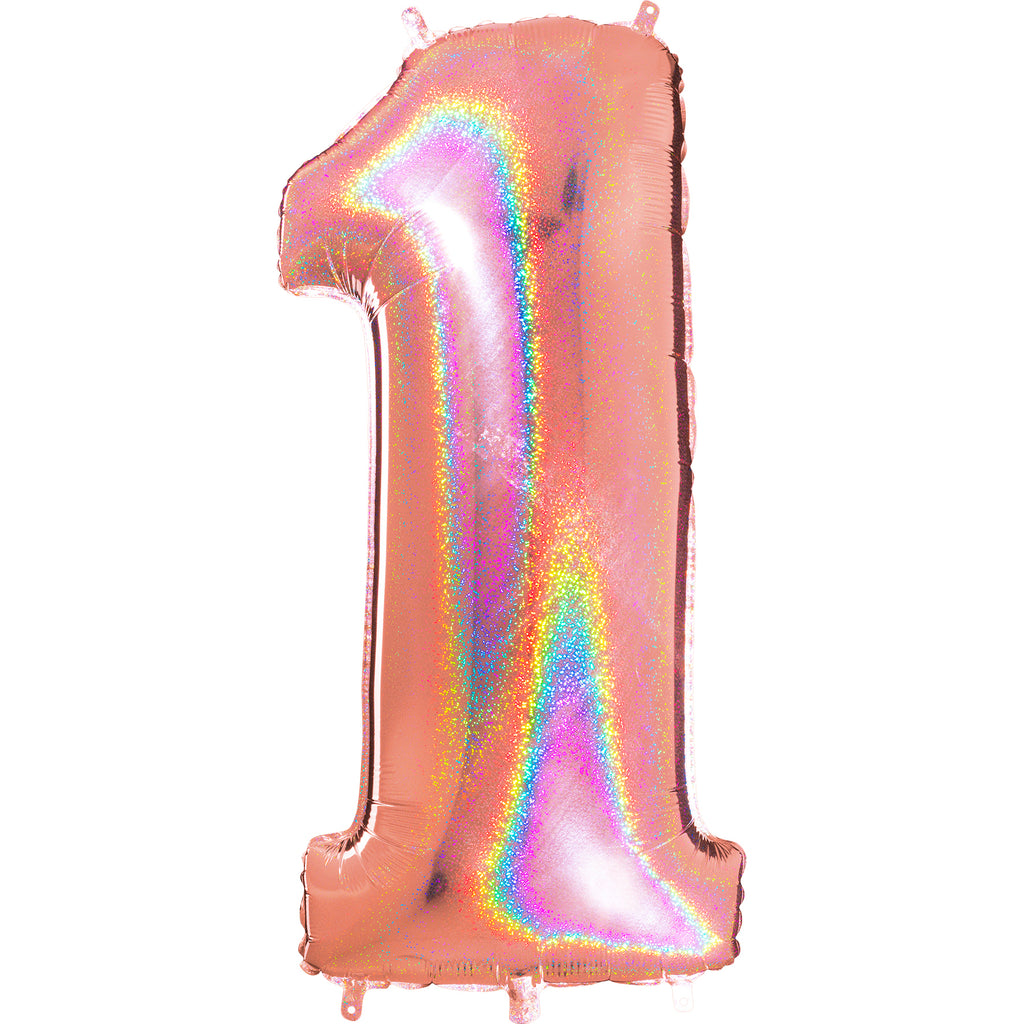 40" Number "1" Rose Gold Glitter Holographic Balloons