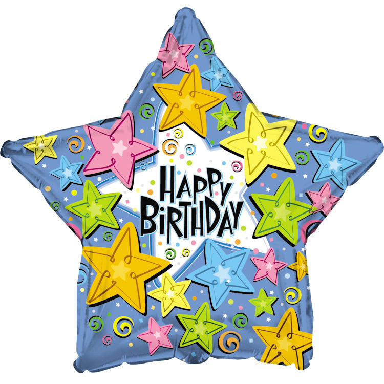 31" Happy Birthday Swirls and Stars Balloon
