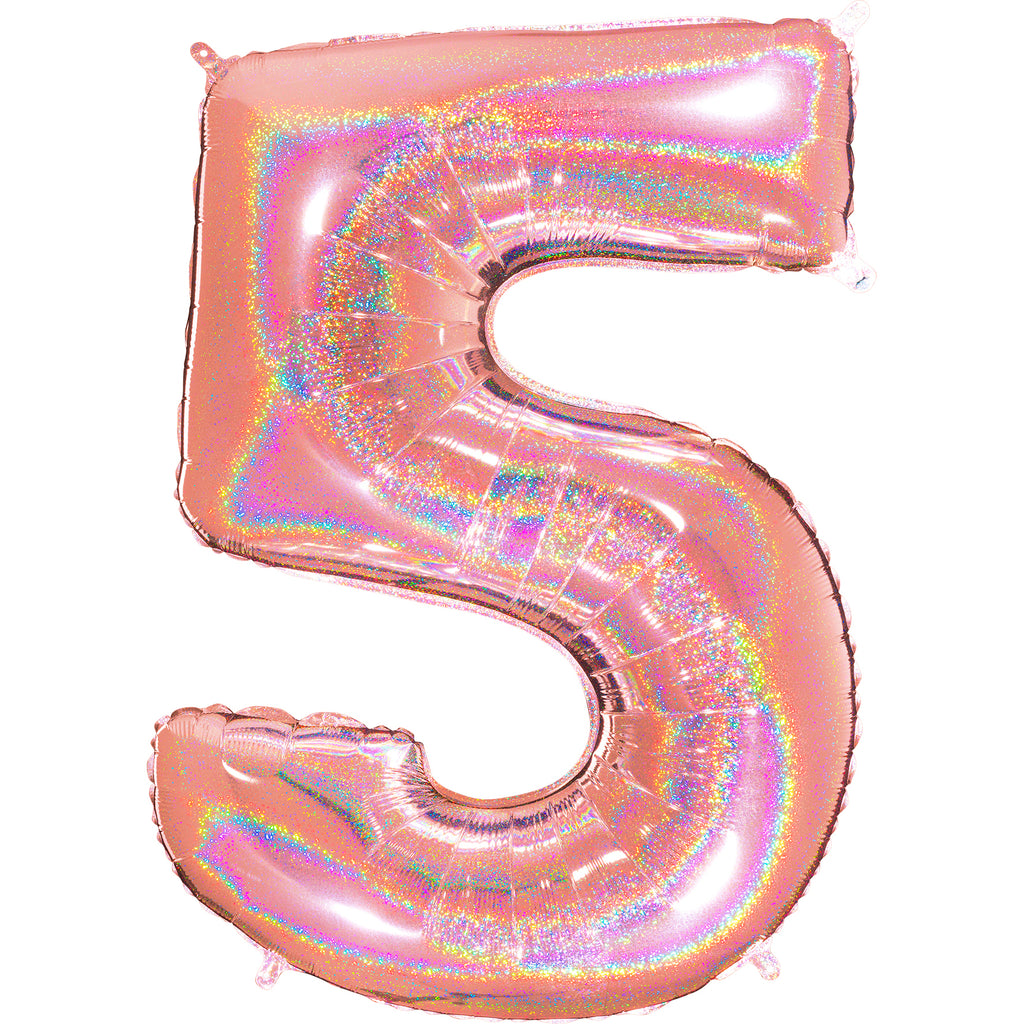 40" Number "5" Rose Gold Glitter Holographic Balloons