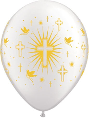 11" Cross & Doves Pearl White With Gold Ink (50 Per Bag) Latex Balloons