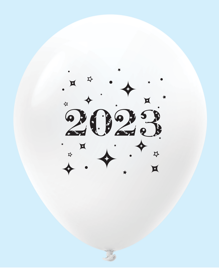 11" Year 2023 Stars Latex Balloons White (25 Per Bag)
